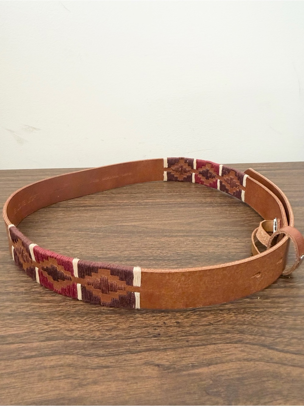 Live Love Loft Brown Leather Belt w Burgundy Southwestern Embroidered Pattern XS